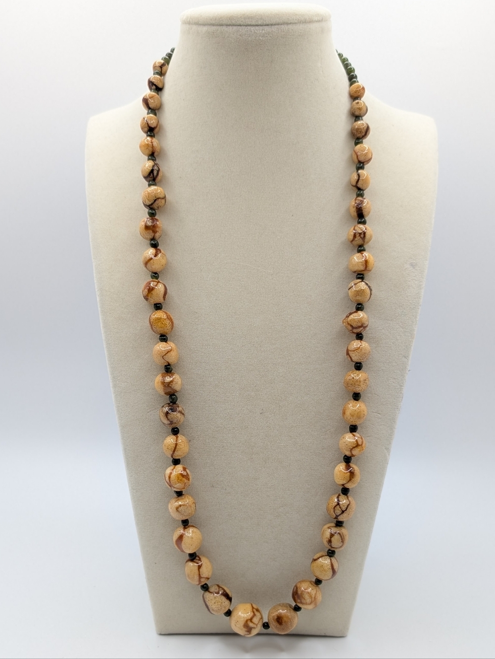 Vintage Tiger Coral and Green Gemstone Necklace 26"